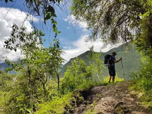 Trekkers crossing the cloud forest on the Choquequirao to Machu Picchu trek in Peru