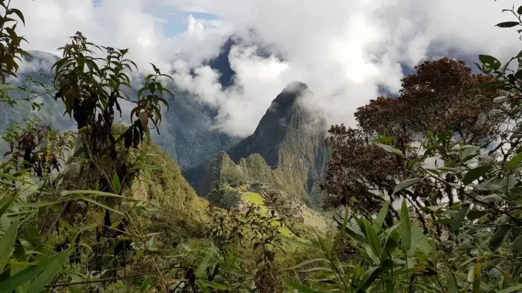 Rear panoramic view of Machu Picchu surrounded by green mountains in Peru