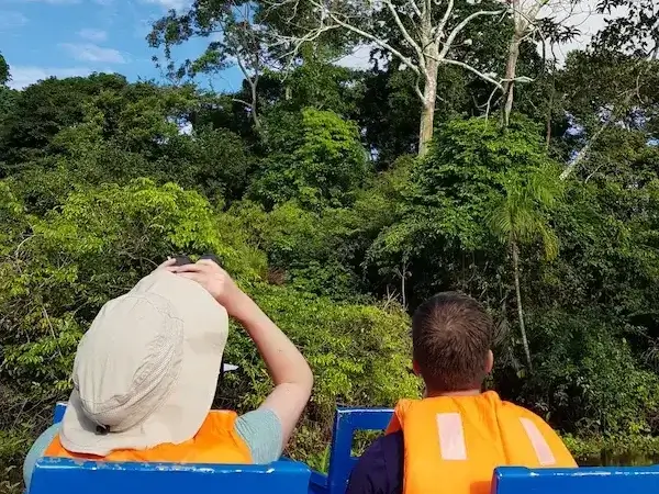 Boat expedition through Pacaya Samiria Reserve in the Peruvian Amazon surrounded by rainforest wildlife